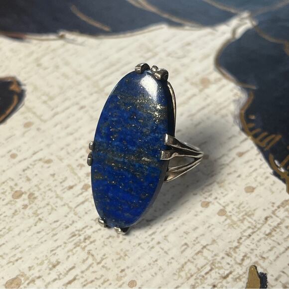 Vintage 925 Sterling Silver and Large Blue Lapis Lazuli Stone Silver Ring D2 - Picture 2 of 14